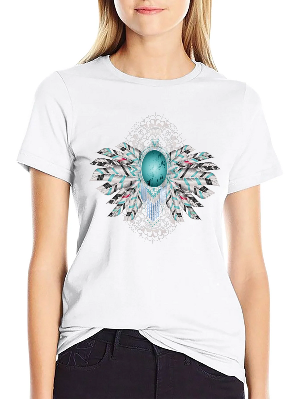 Turquoise Feather Graphic Black T-Shirt