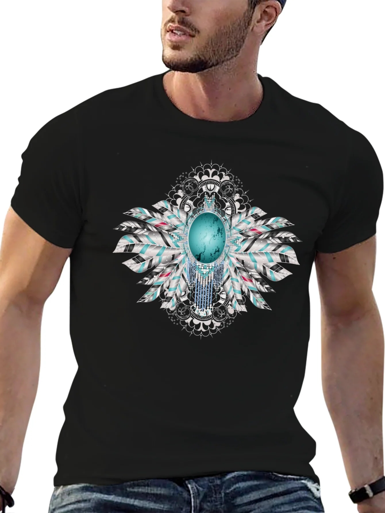 Turquoise Feather Graphic Black T-Shirt
