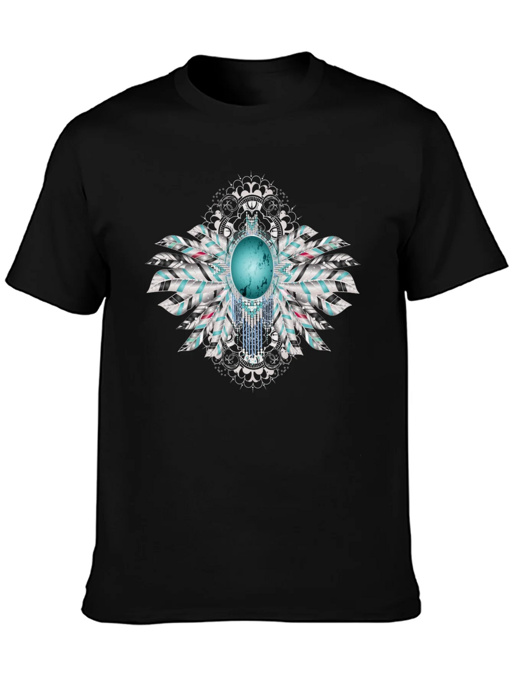Turquoise Feather Graphic Black T-Shirt