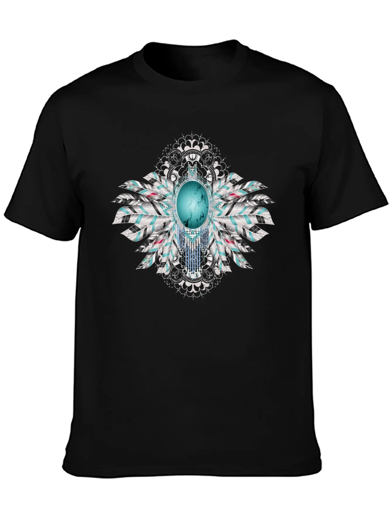 Turquoise Feather Graphic Black T-Shirt