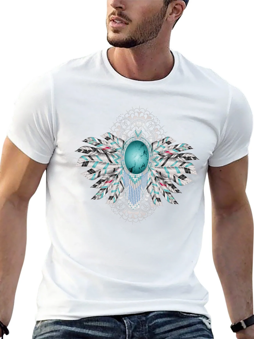 Turquoise Feather Graphic Black T-Shirt