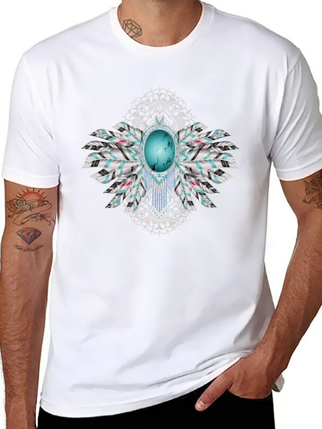 Turquoise Feather Graphic Black T-Shirt