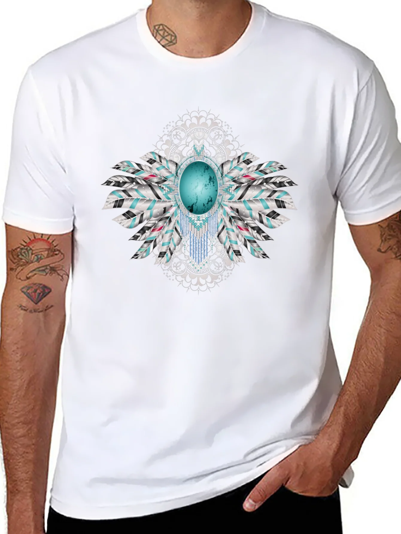 Turquoise Feather Graphic Black T-Shirt