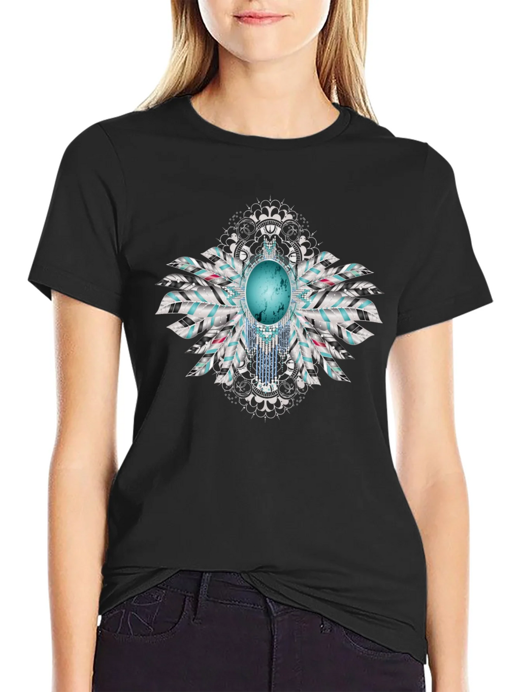 Turquoise Feather Graphic Black T-Shirt