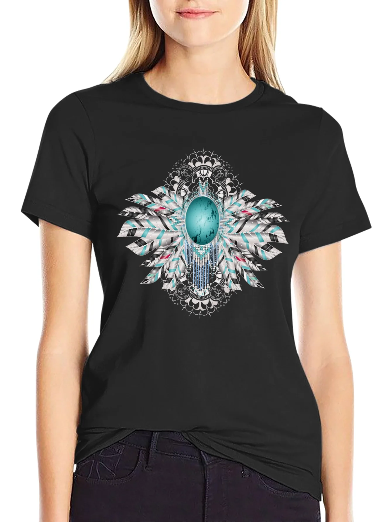 Turquoise Feather Graphic Black T-Shirt