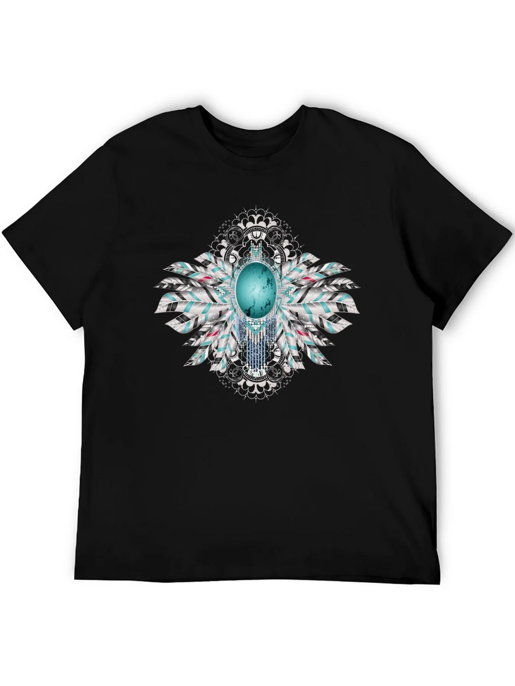 Turquoise Feather Graphic Black T-Shirt