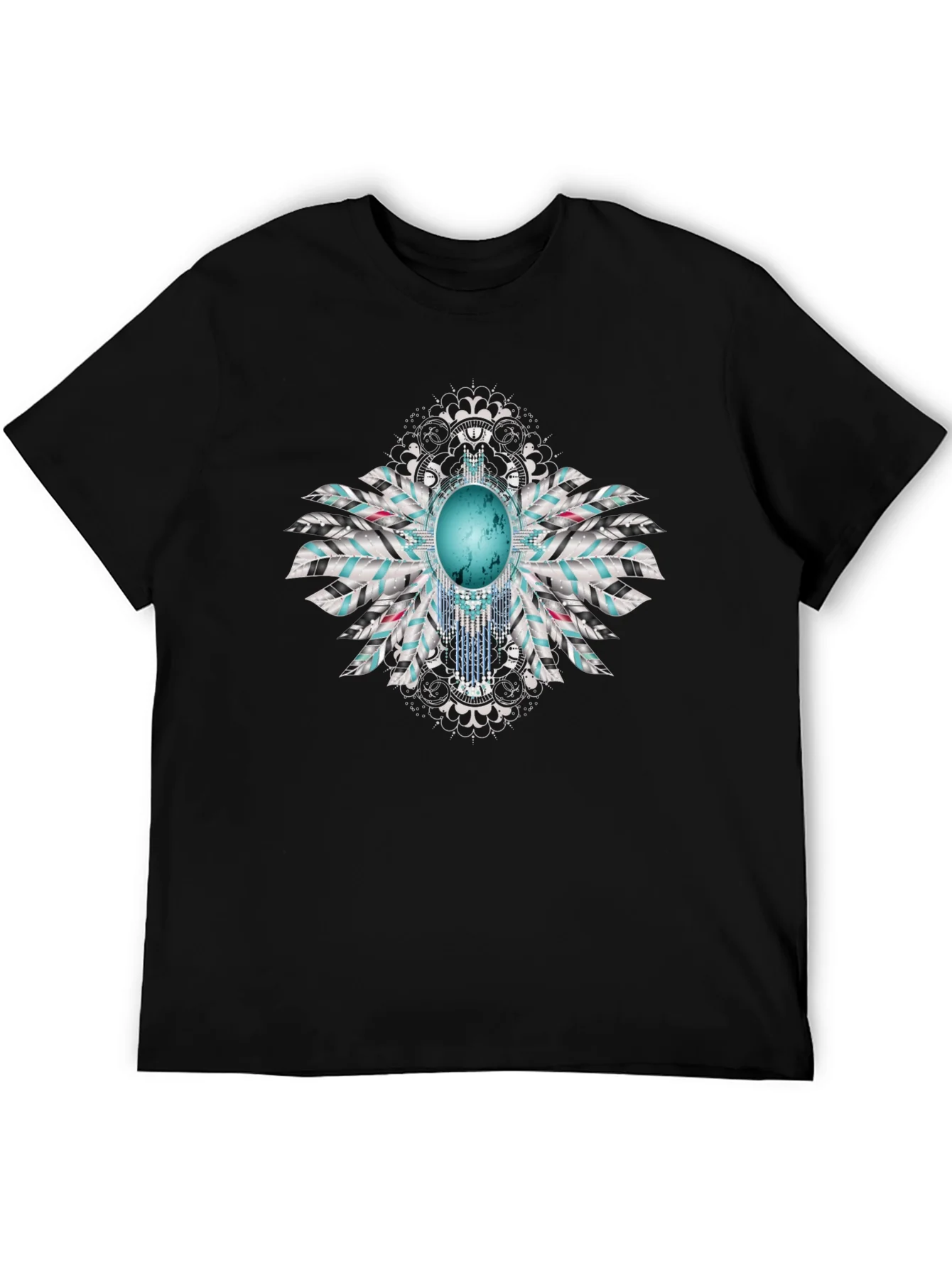 Turquoise Feather Graphic Black T-Shirt