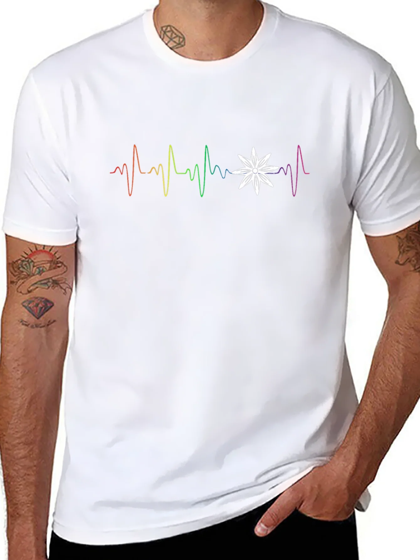 Rainbow Heartbeat Flower Graphic T-Shirt