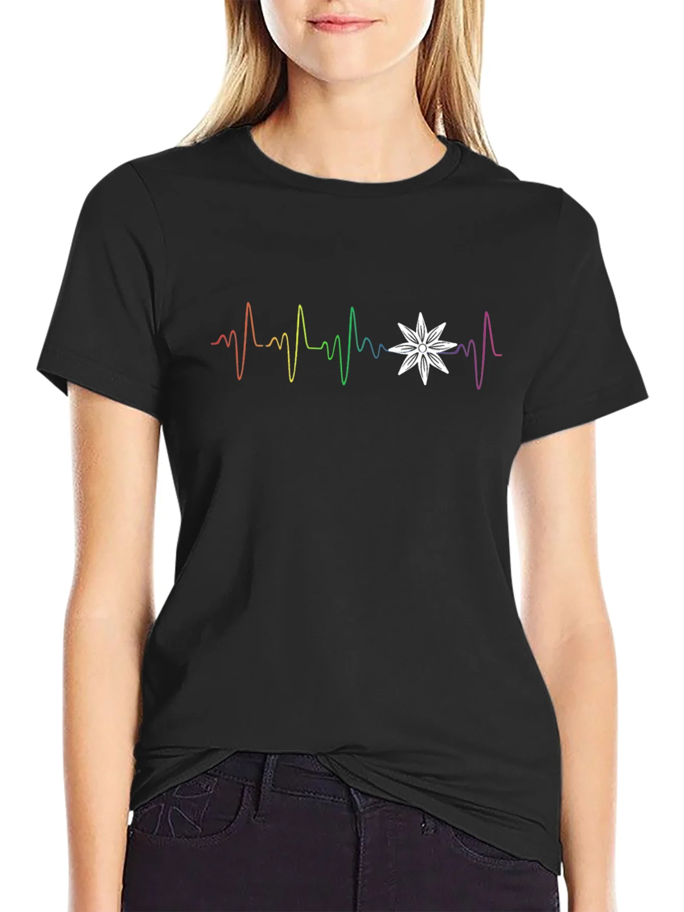 Rainbow Heartbeat Flower Graphic T-Shirt