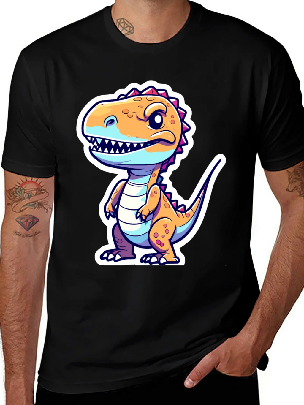 Cartoon Dinosaur Graphic Tee - Black
