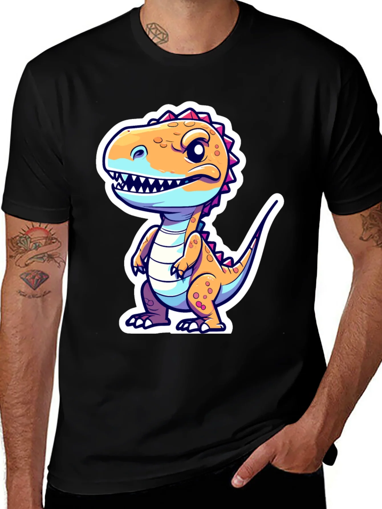 Cartoon Dinosaur Graphic Tee - Black