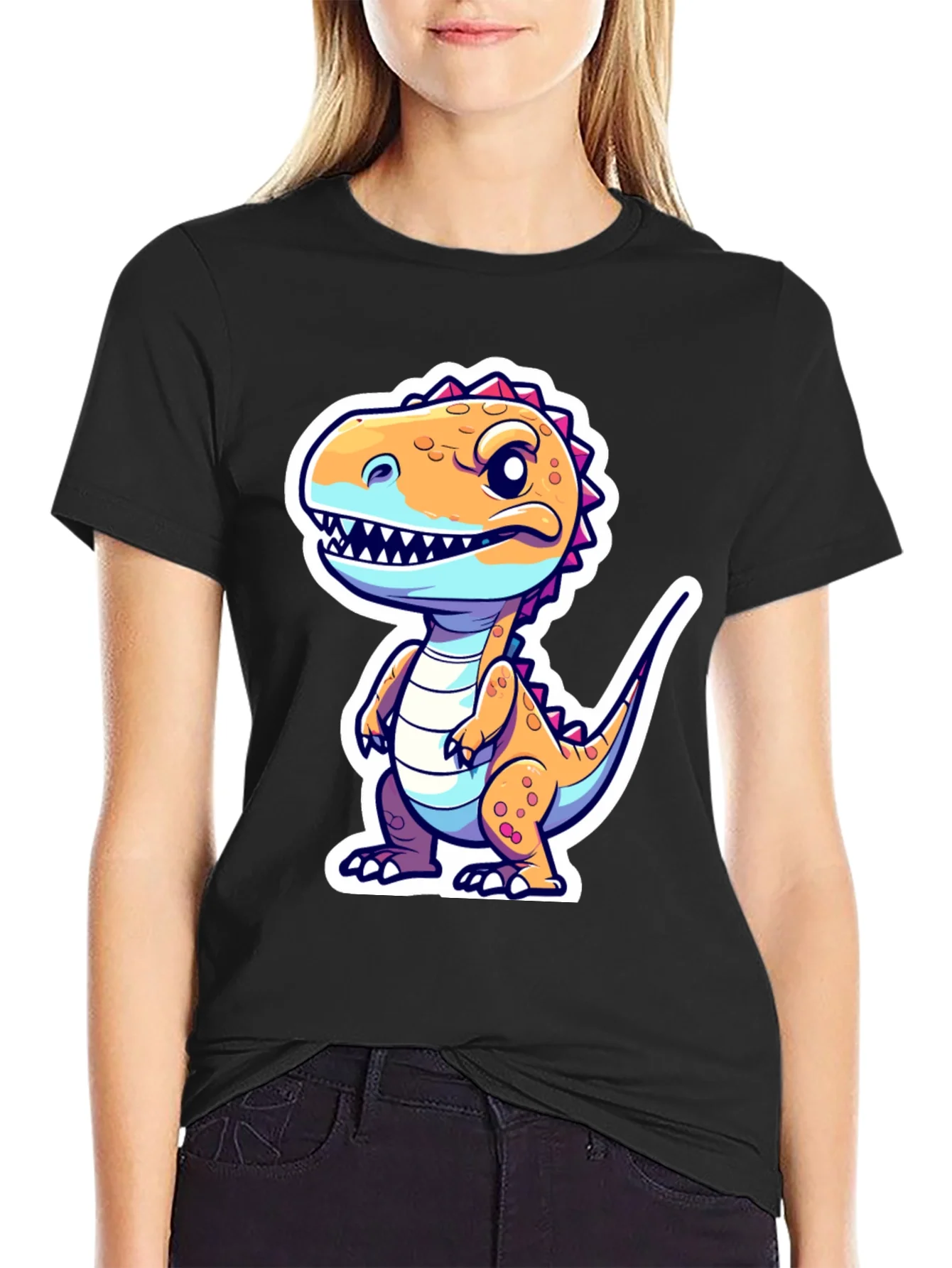 Cartoon Dinosaur Graphic Tee - Black