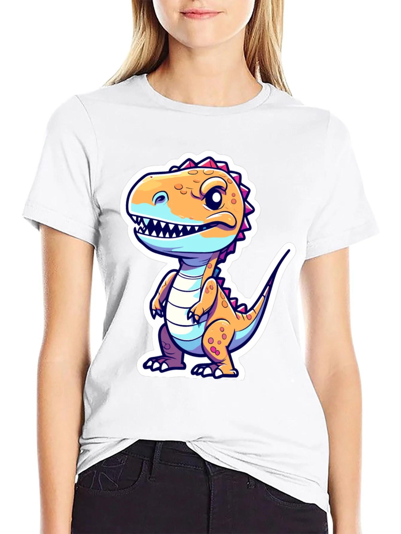 Cartoon Dinosaur Graphic Tee - Black