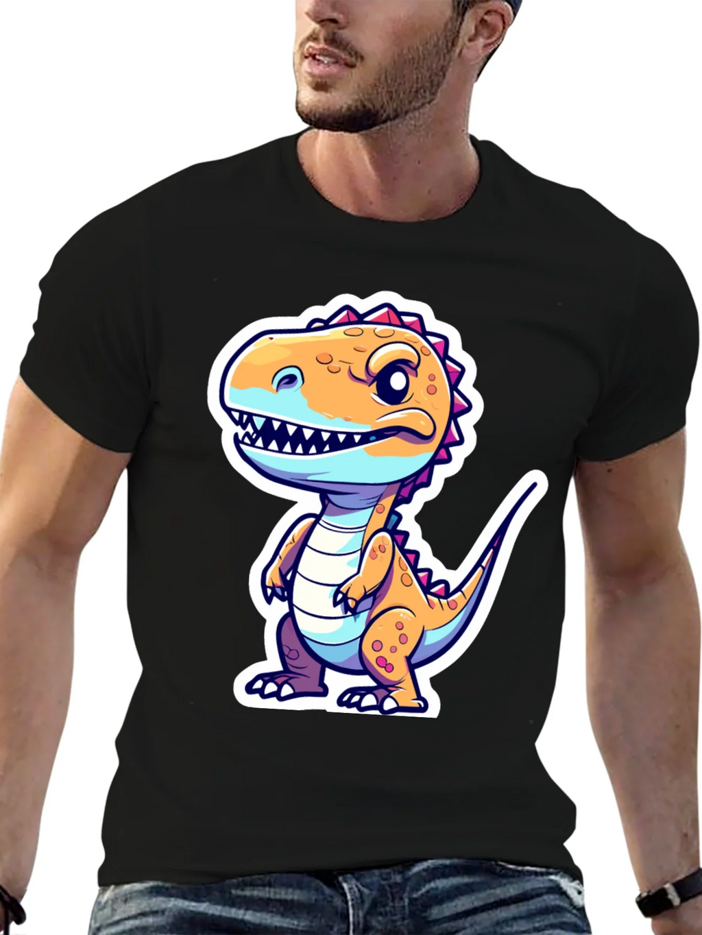 Cartoon Dinosaur Graphic Tee - Black