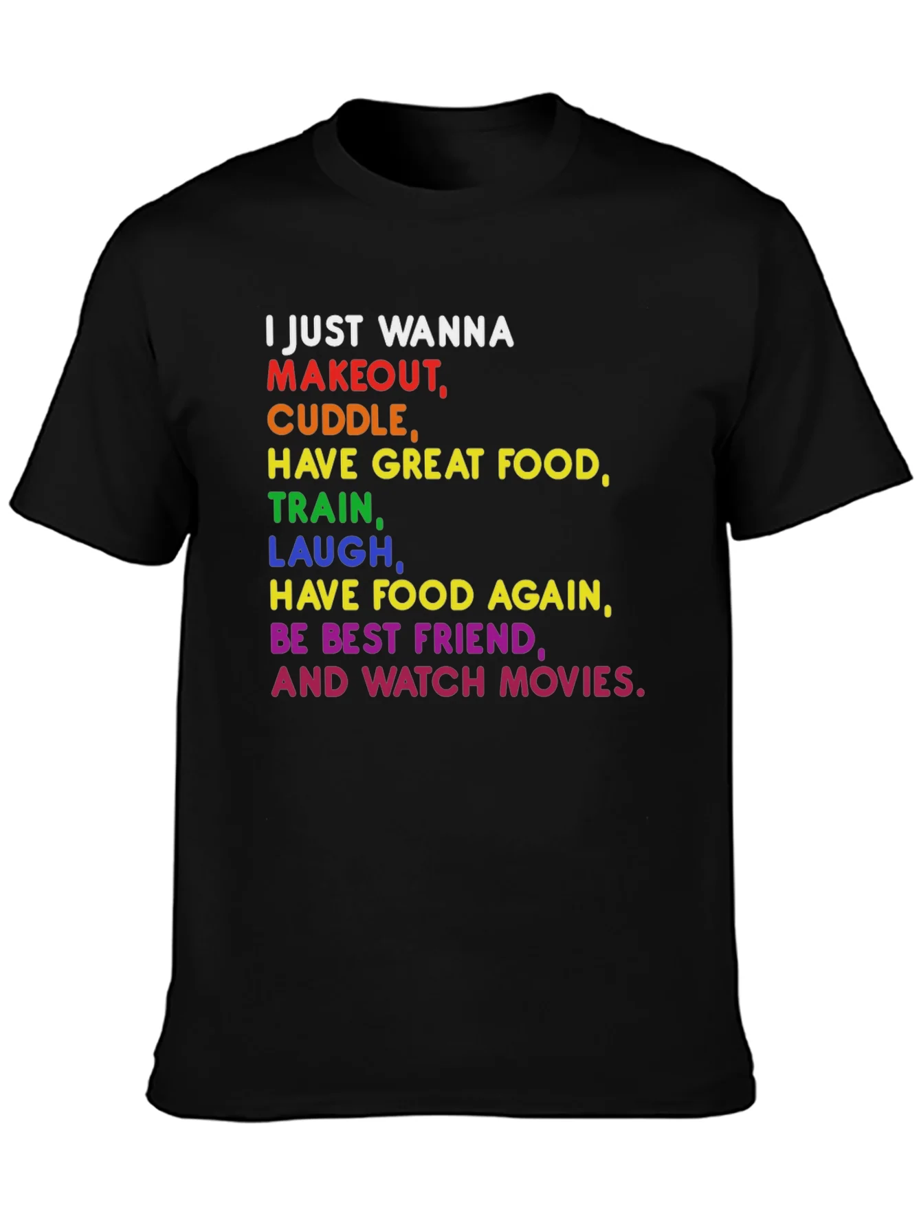 Colorful Graphic Tee: Makeout Cuddle Food Movies