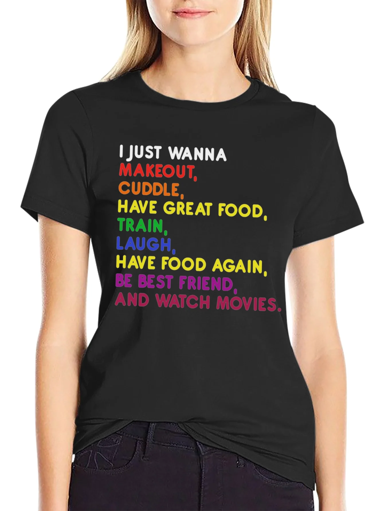 Colorful Graphic Tee: Makeout Cuddle Food Movies