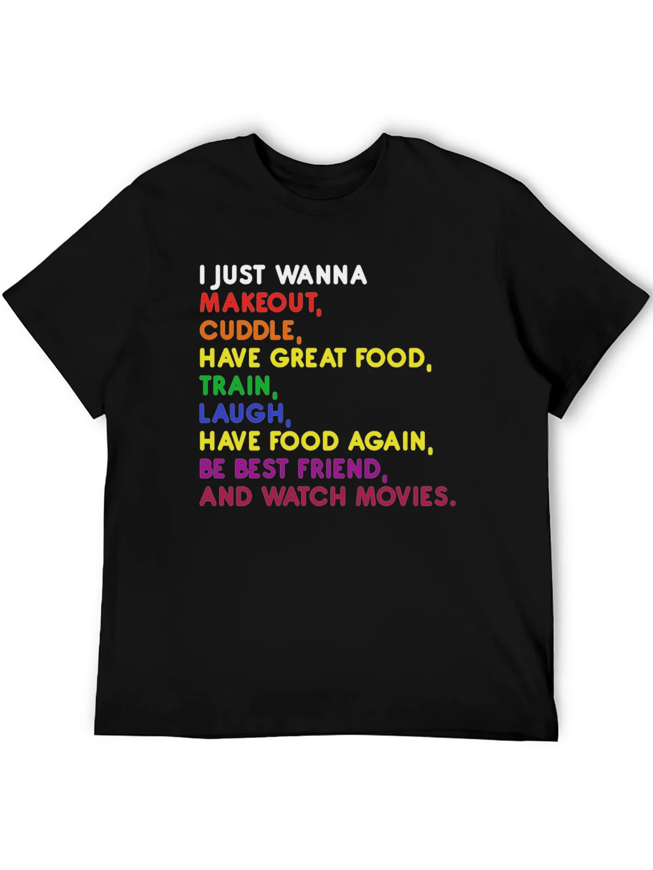 Colorful Graphic Tee: Makeout Cuddle Food Movies