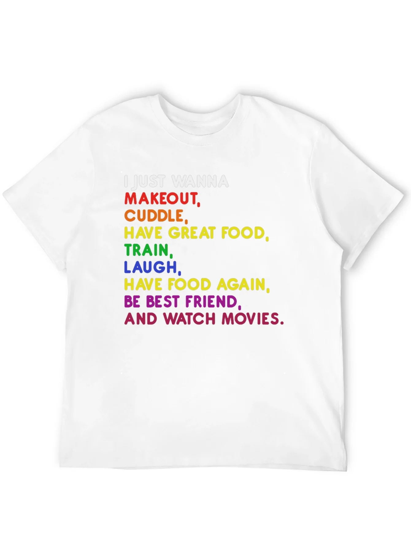 Colorful Graphic Tee: Makeout Cuddle Food Movies