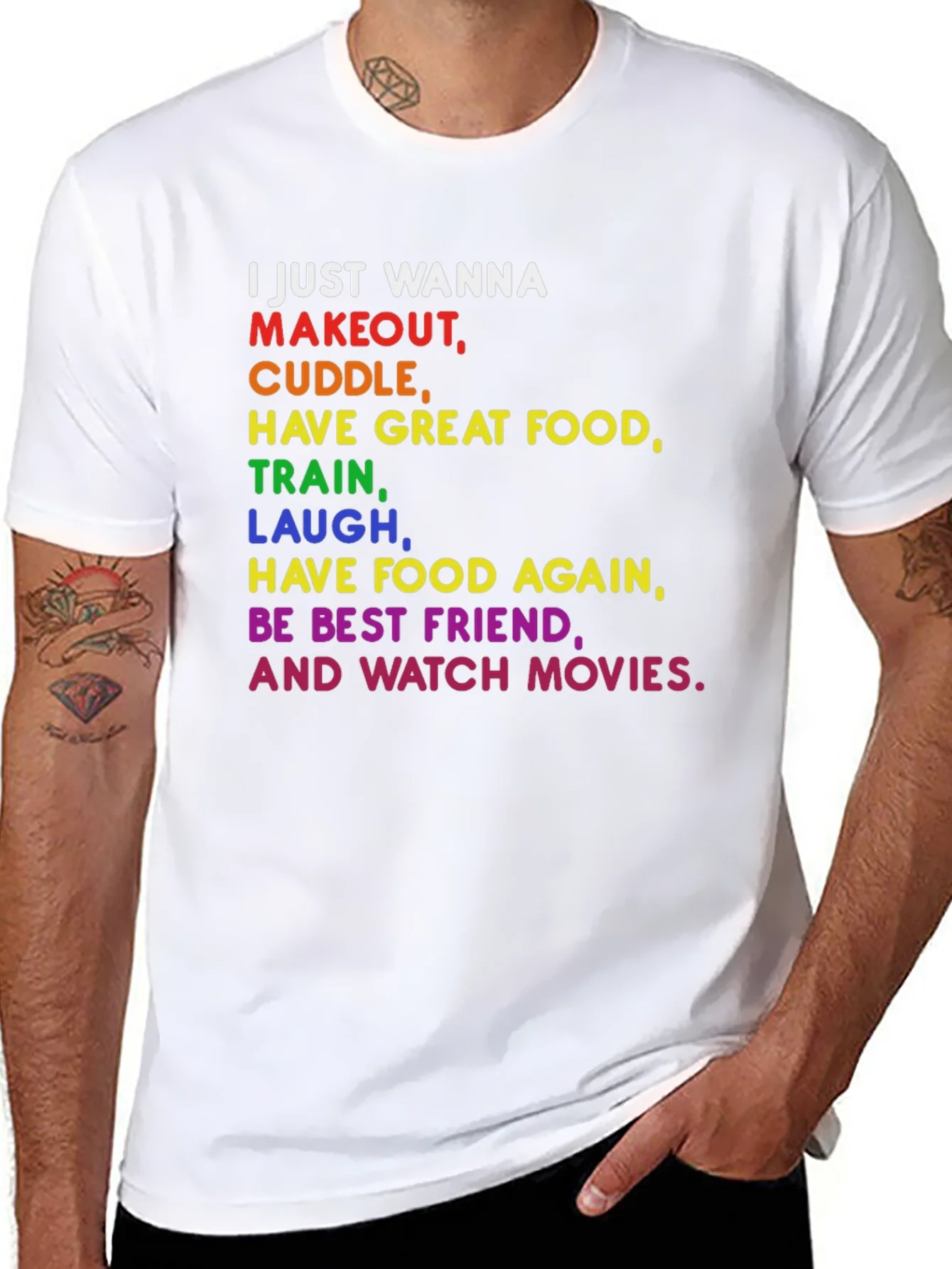 Colorful Graphic Tee: Makeout Cuddle Food Movies