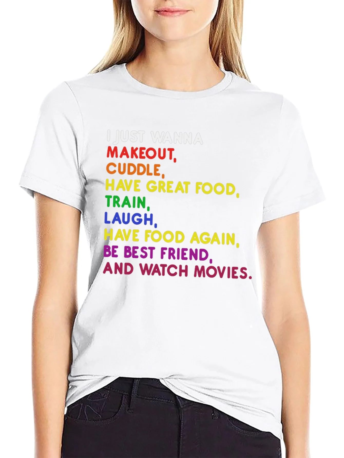 Colorful Graphic Tee: Makeout Cuddle Food Movies
