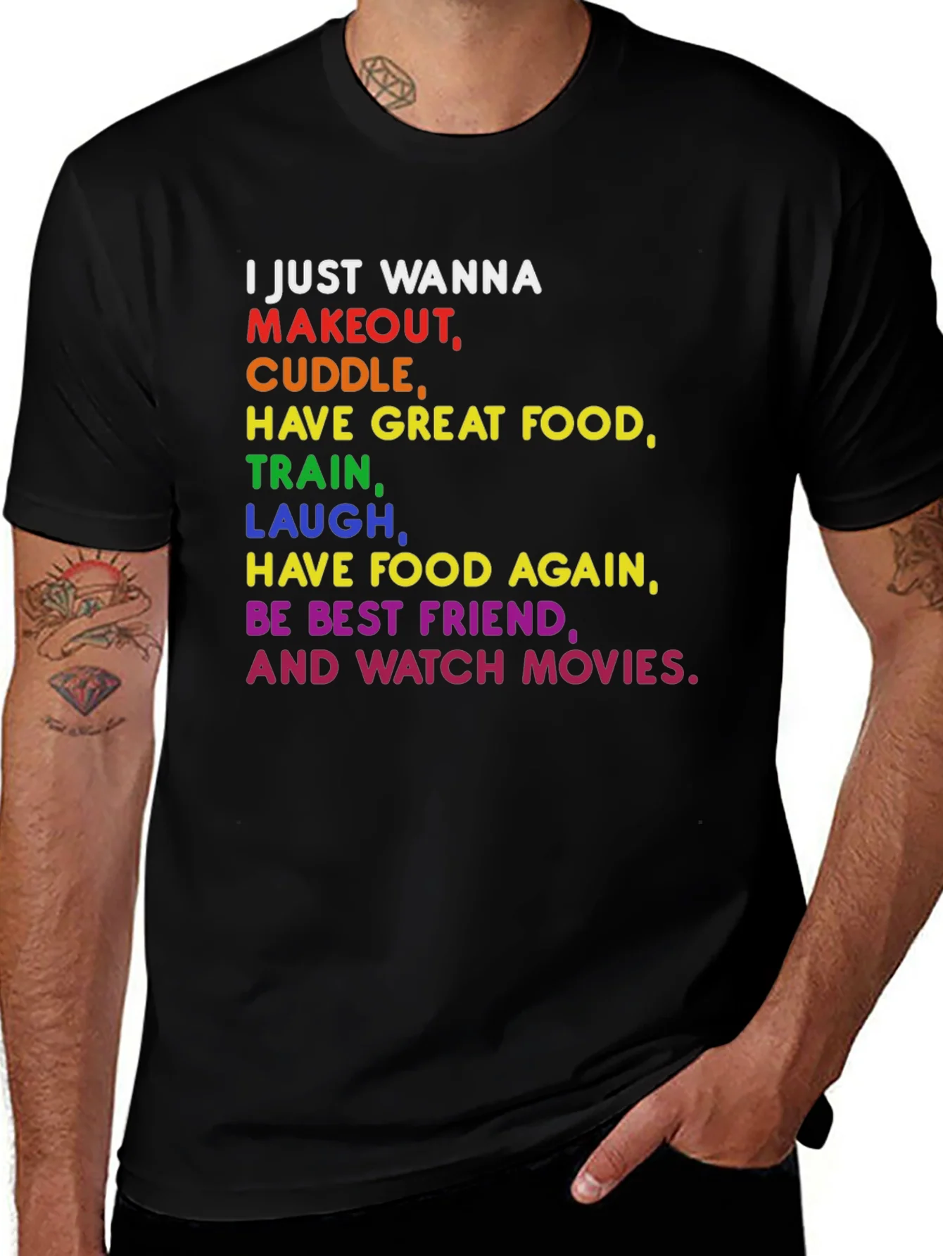 Colorful Graphic Tee: Makeout Cuddle Food Movies