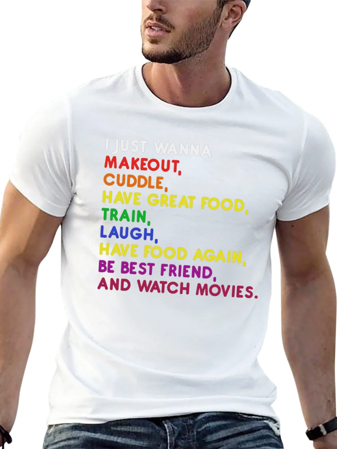 Colorful Graphic Tee: Makeout Cuddle Food Movies
