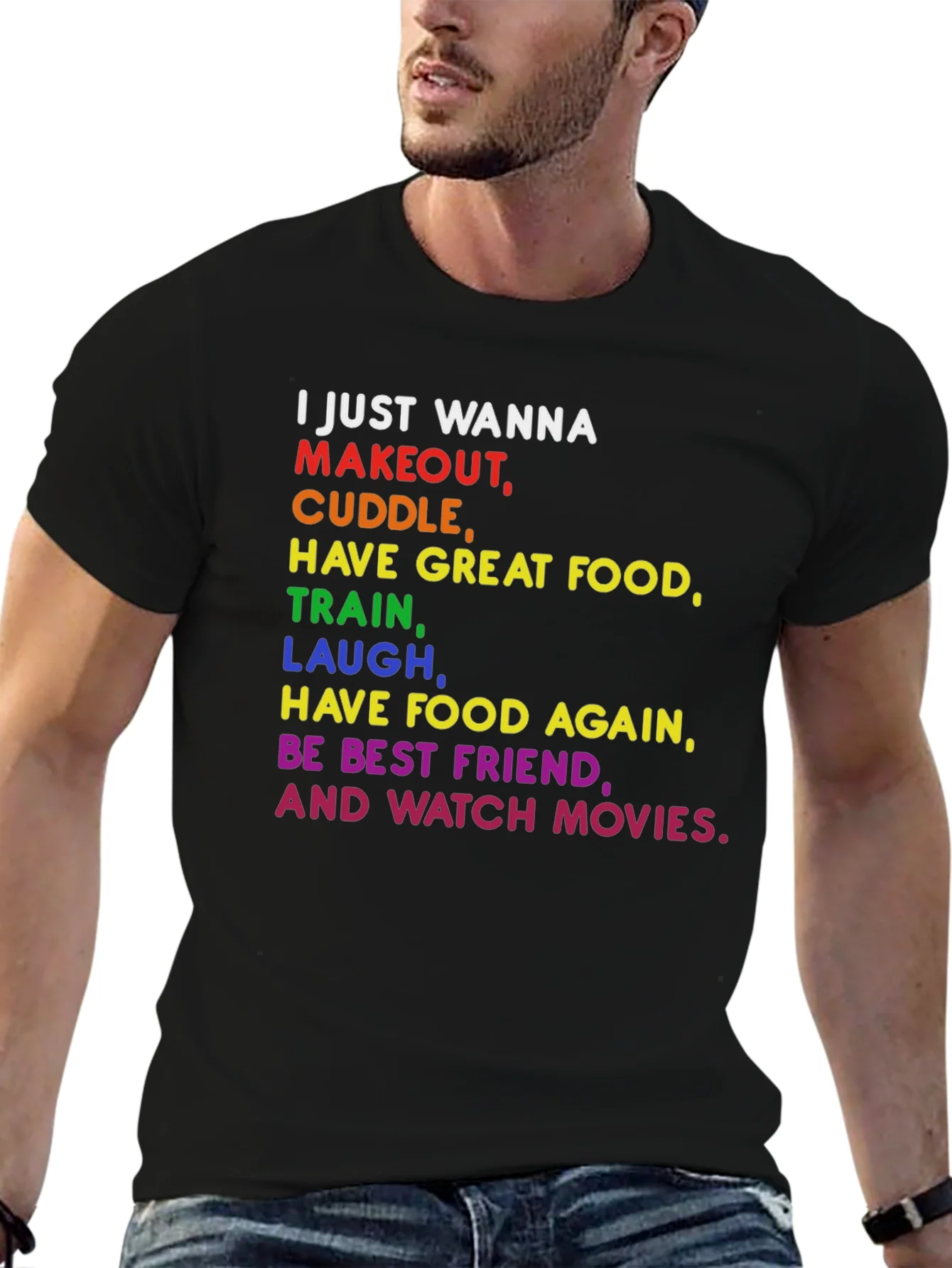 Colorful Graphic Tee: Makeout Cuddle Food Movies