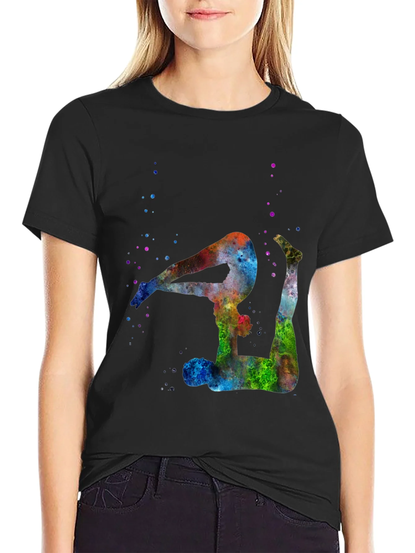 Watercolor Yoga Pose Black T-Shirt