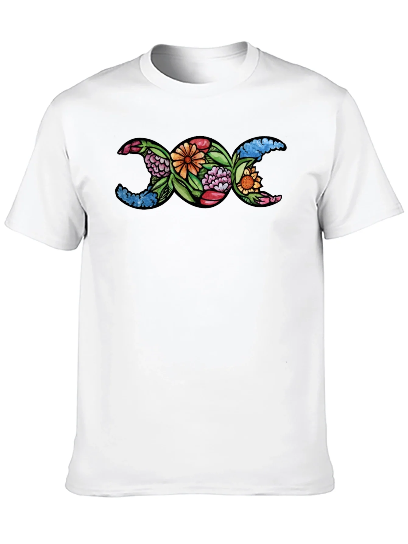 Floral Triple Moon Goddess T-Shirt - Black