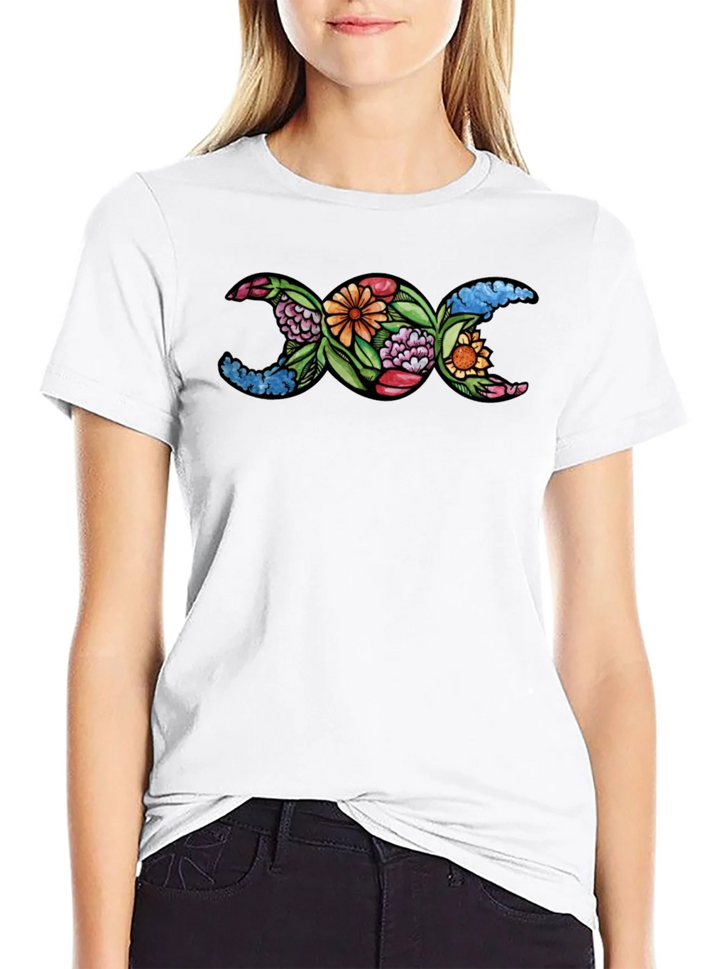 Floral Triple Moon Goddess T-Shirt - Black