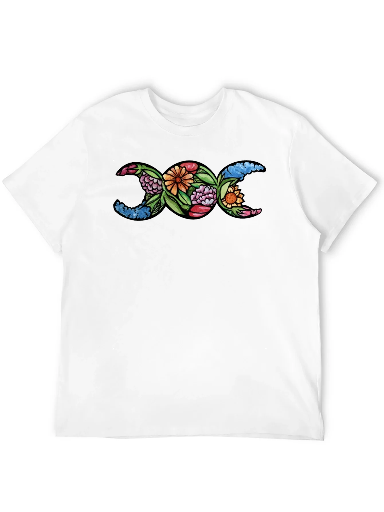 Floral Triple Moon Goddess T-Shirt - Black