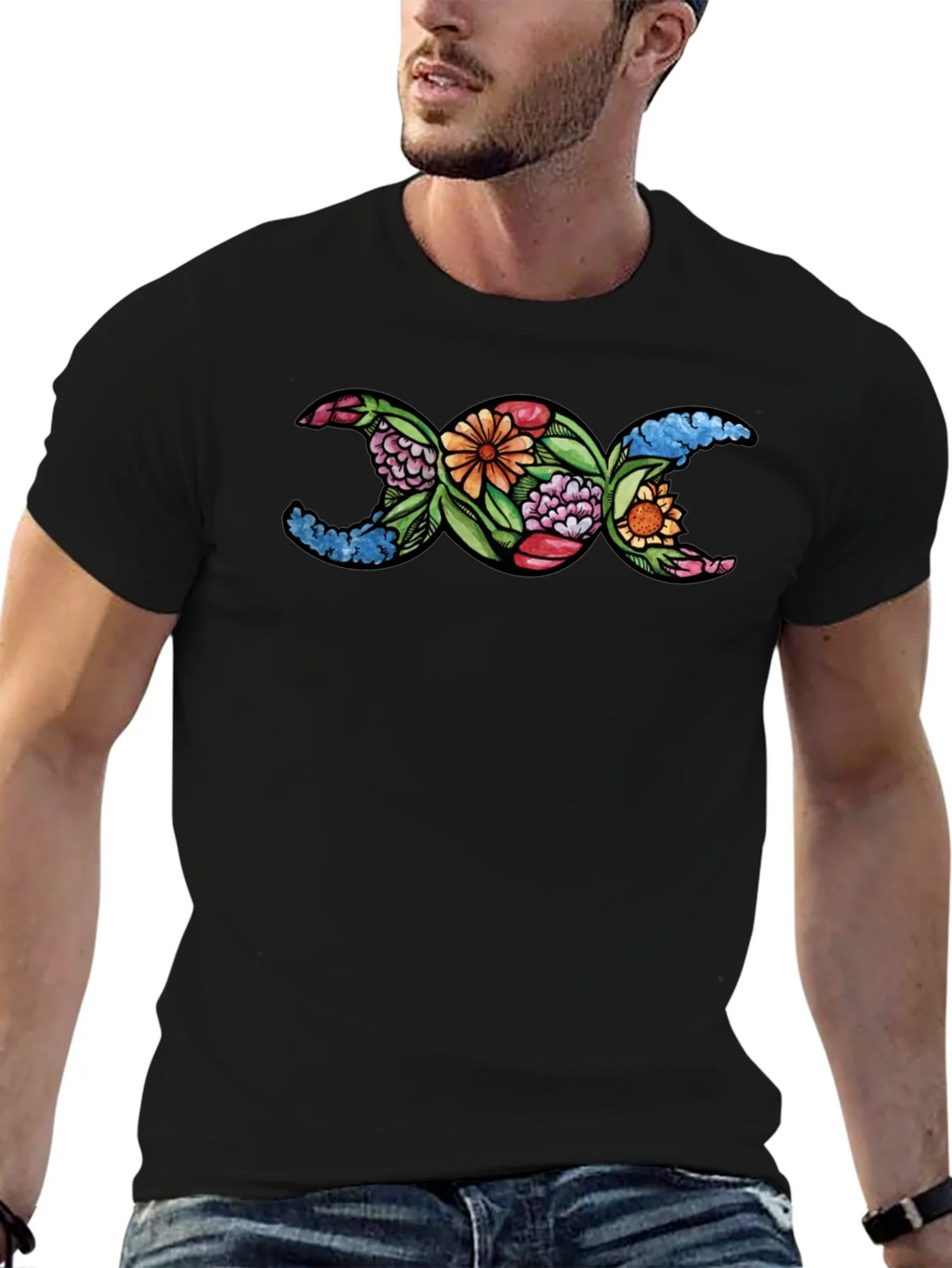 Floral Triple Moon Goddess T-Shirt - Black