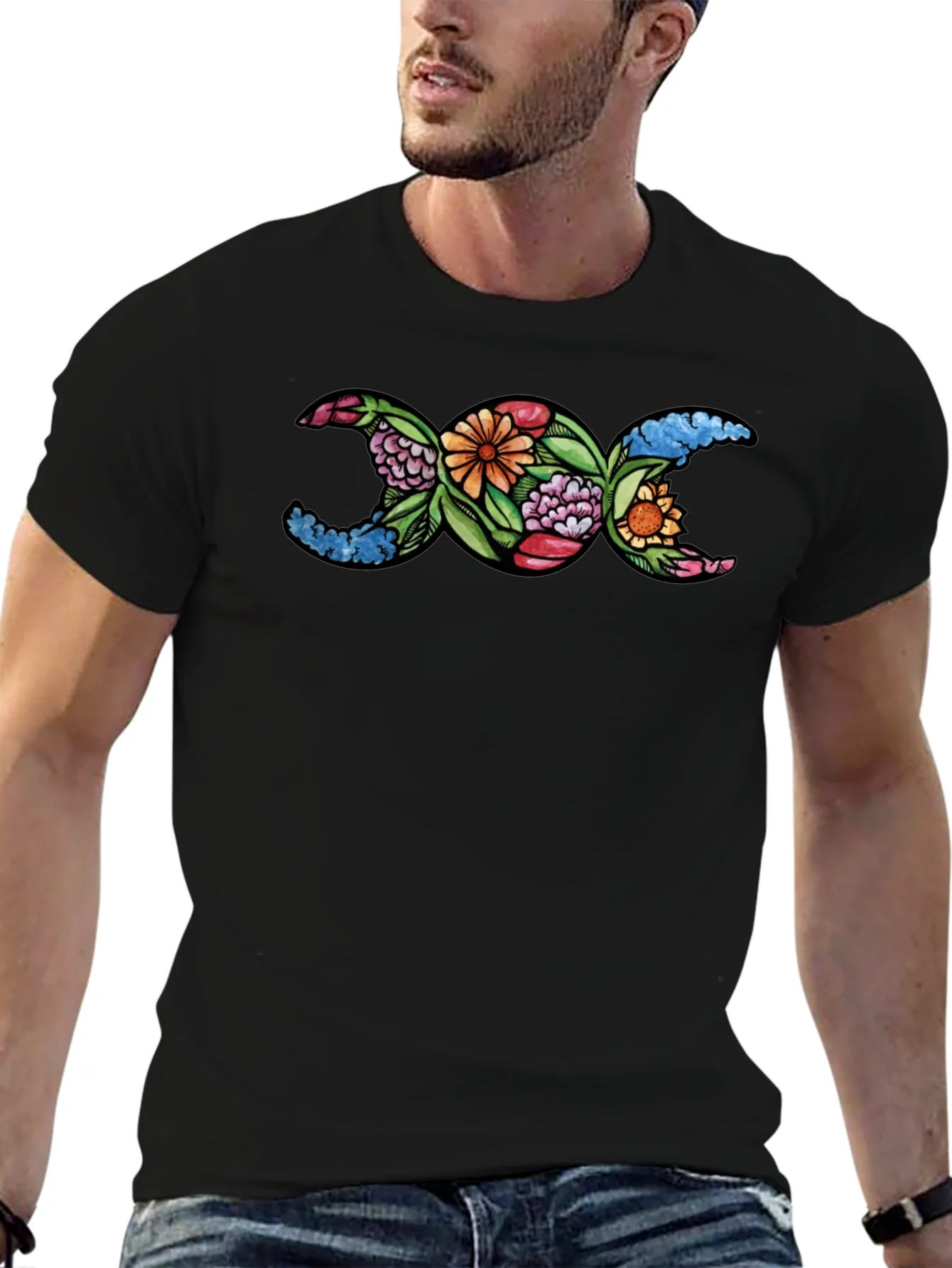Floral Triple Moon Goddess T-Shirt - Black
