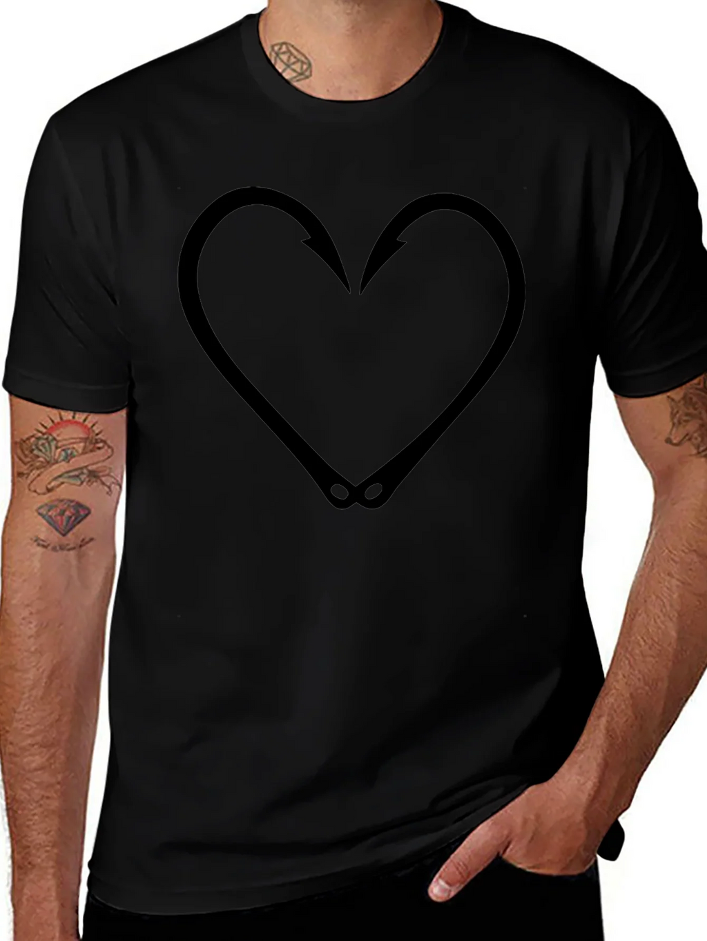 Fishing Hook Heart Graphic Tee - Black T-Shirt