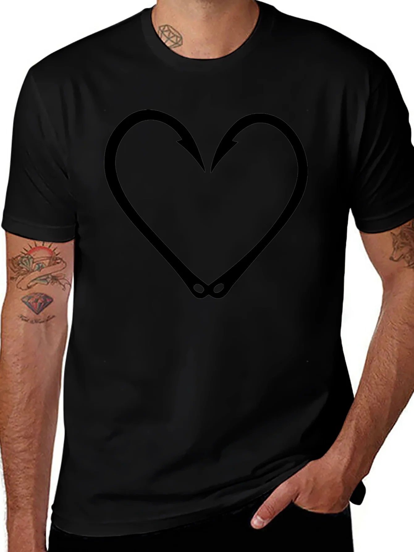 Fishing Hook Heart Graphic Tee - Black T-Shirt