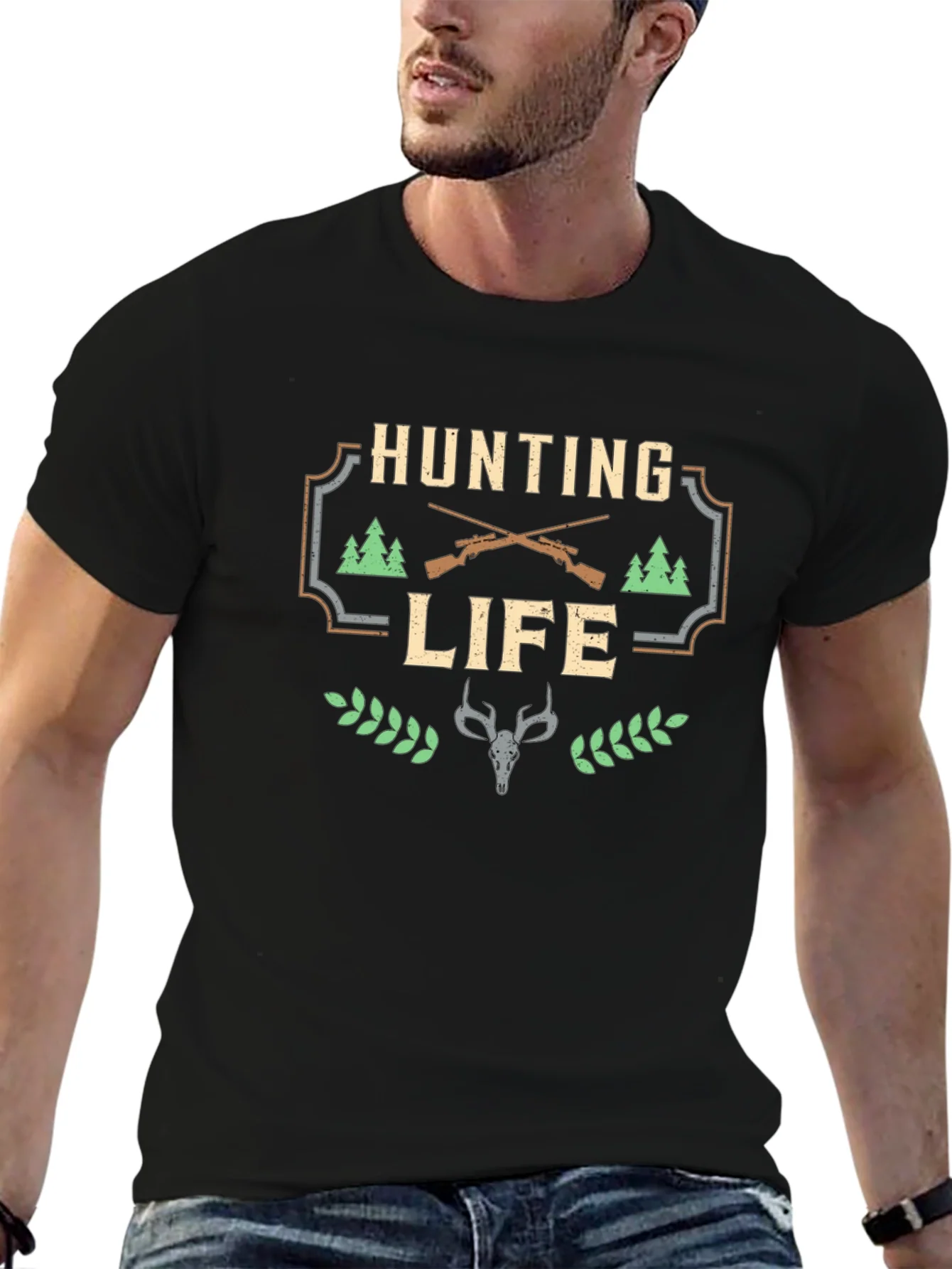 Hunting Life Graphic Tee - Black Cotton T-Shirt
