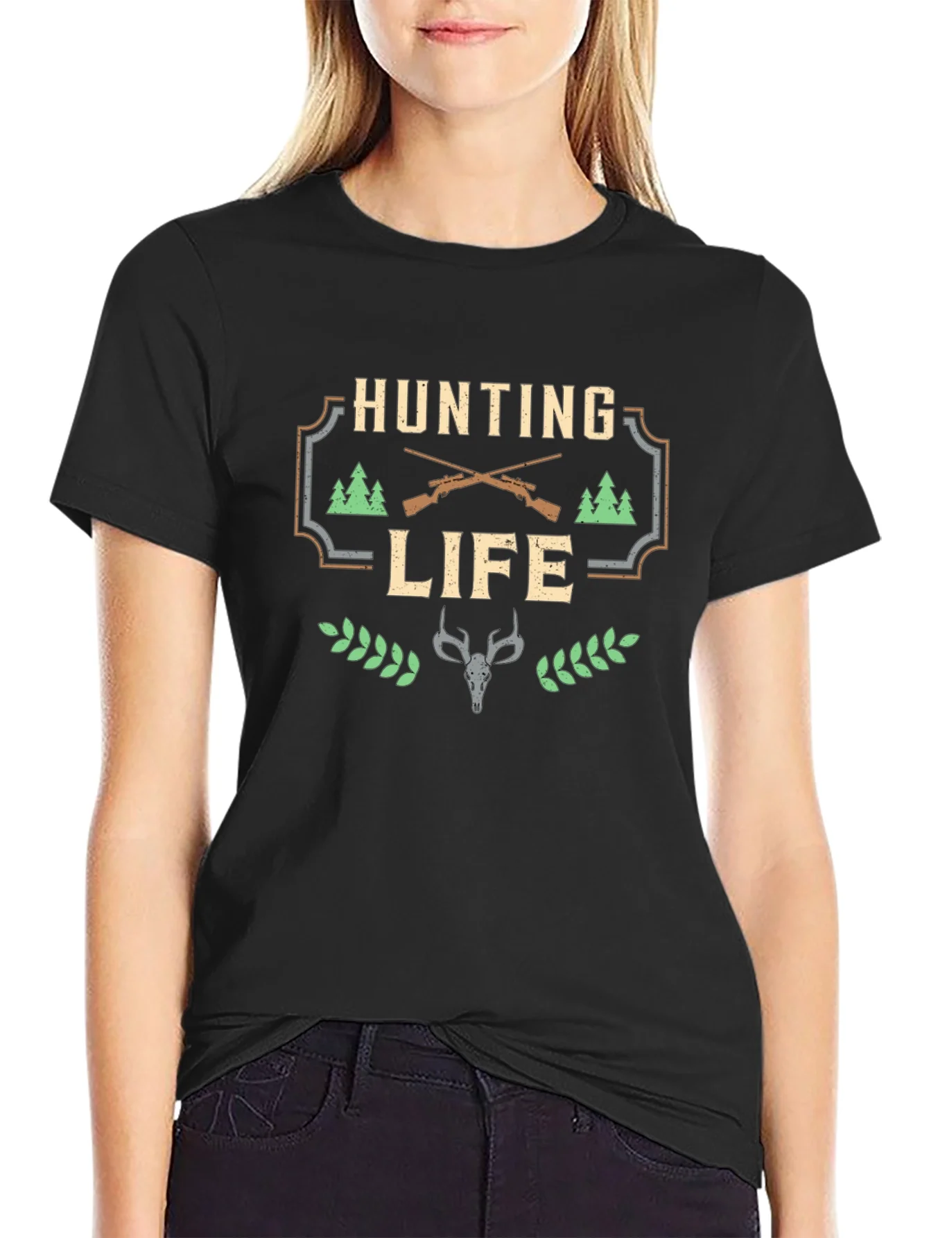 Hunting Life Graphic Tee - Black Cotton T-Shirt