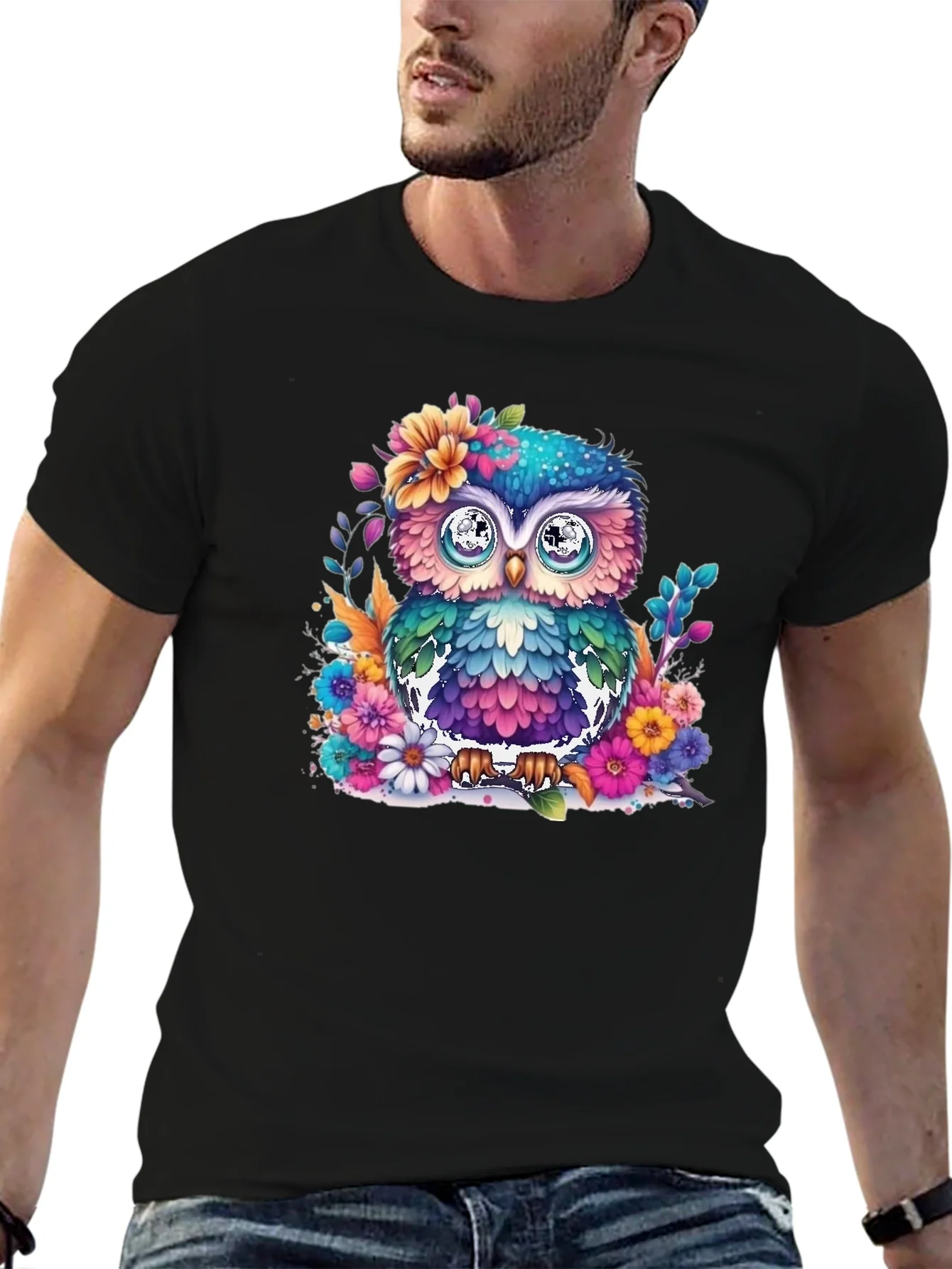 Colorful Floral Owl Graphic T-Shirt