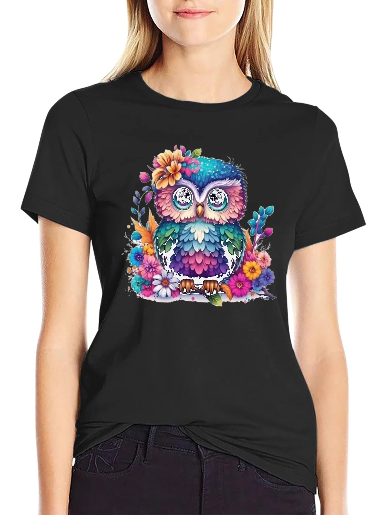 Colorful Floral Owl Graphic T-Shirt