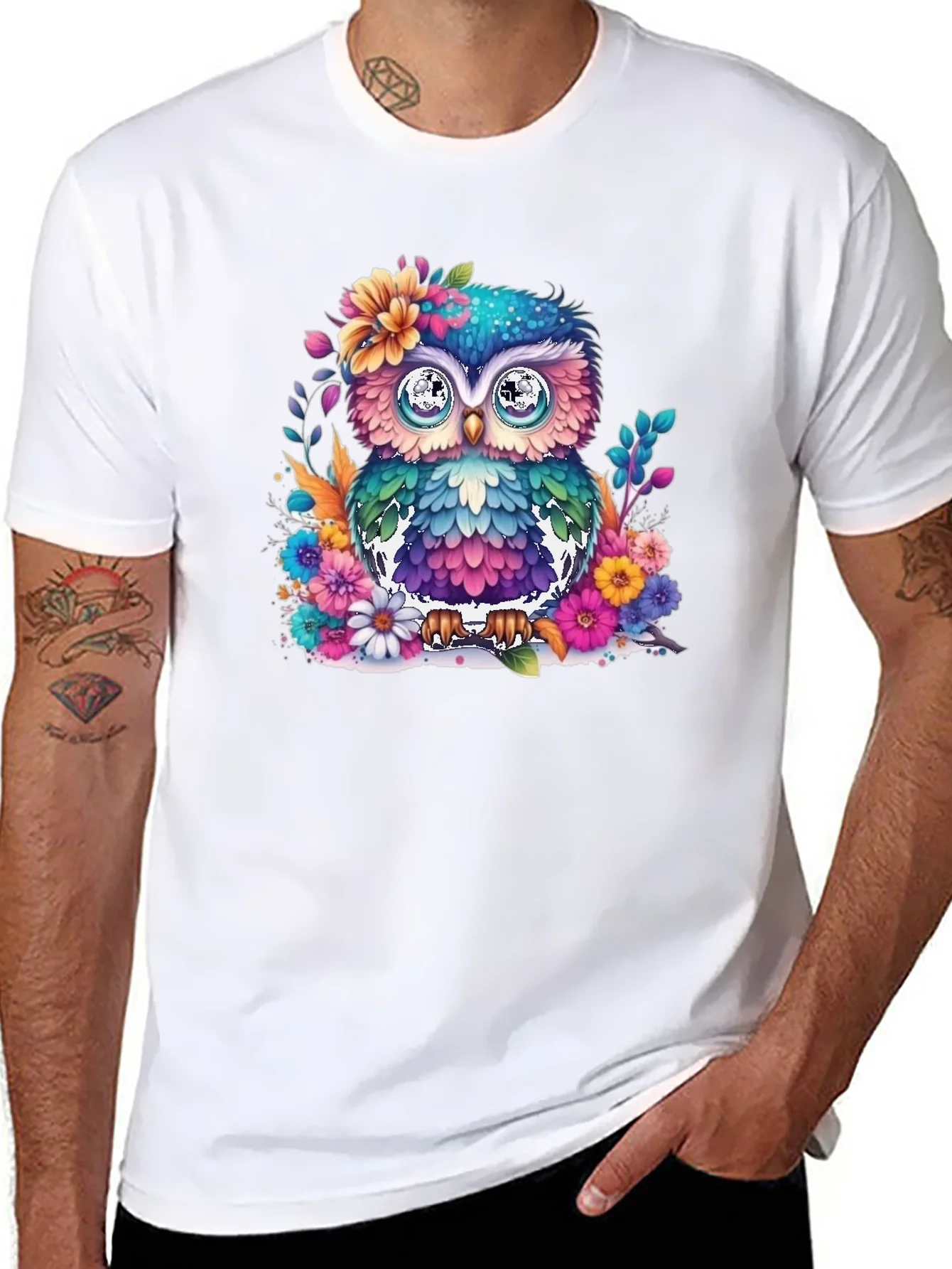 Colorful Floral Owl Graphic T-Shirt