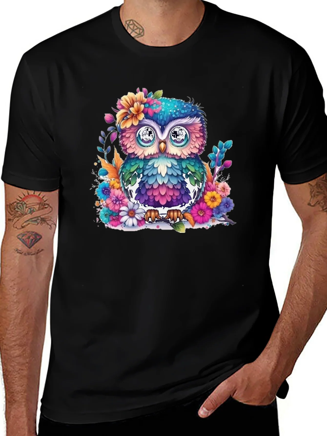 Colorful Floral Owl Graphic T-Shirt