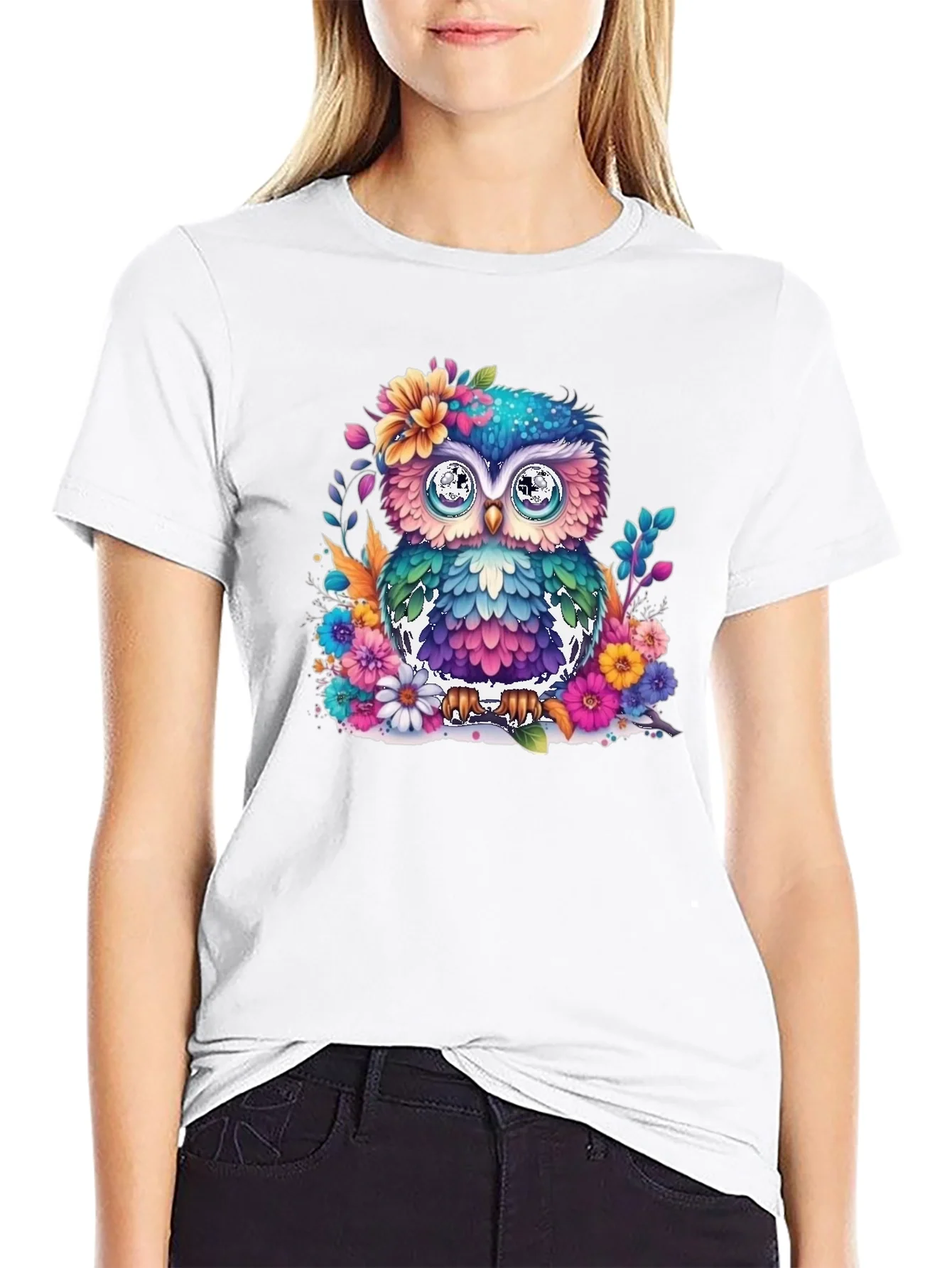Colorful Floral Owl Graphic T-Shirt
