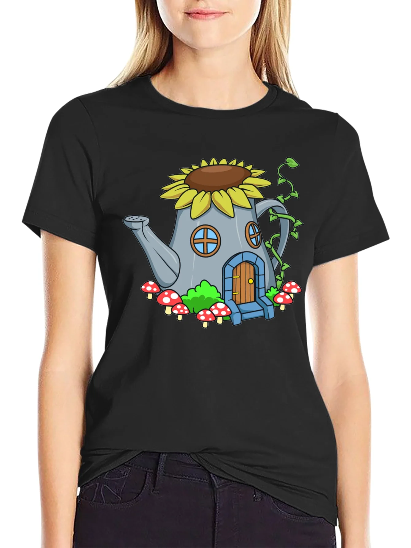 Whimsical Watering Can House Graphic Tee