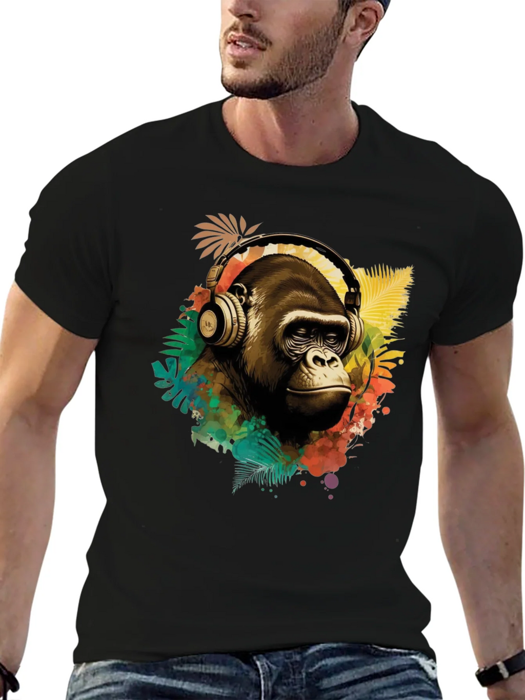 Cool Gorilla with Headphones Graphic Tee
