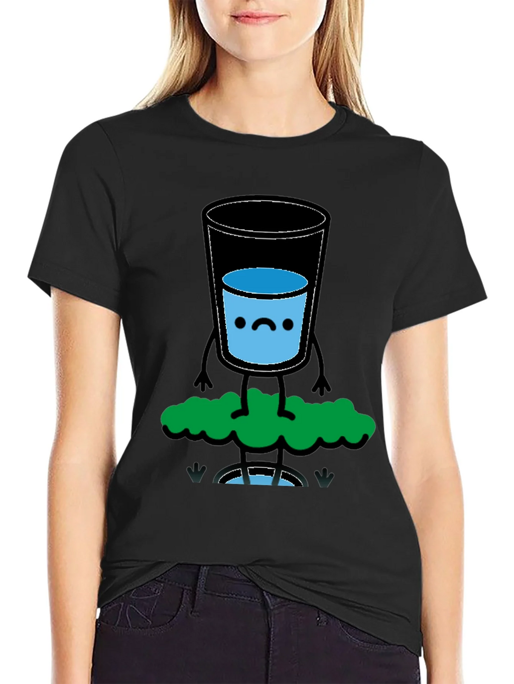 Funny Water Glass Graphic Tee - Black Cotton T-Shirt