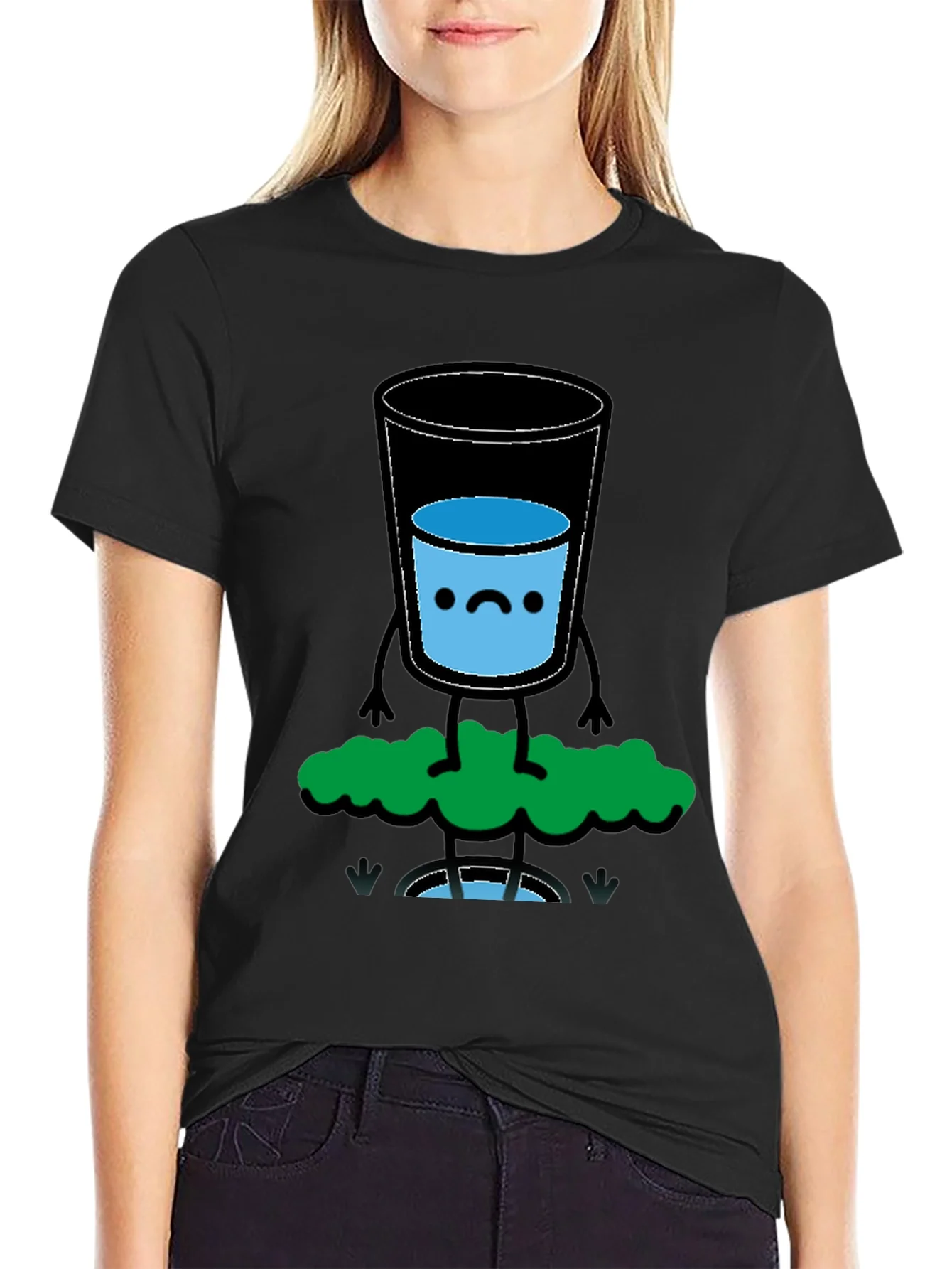 Funny Water Glass Graphic Tee - Black Cotton T-Shirt