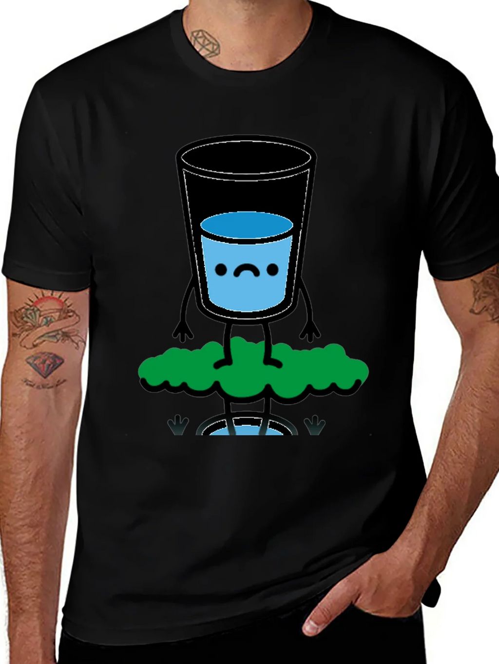 Funny Water Glass Graphic Tee - Black Cotton T-Shirt