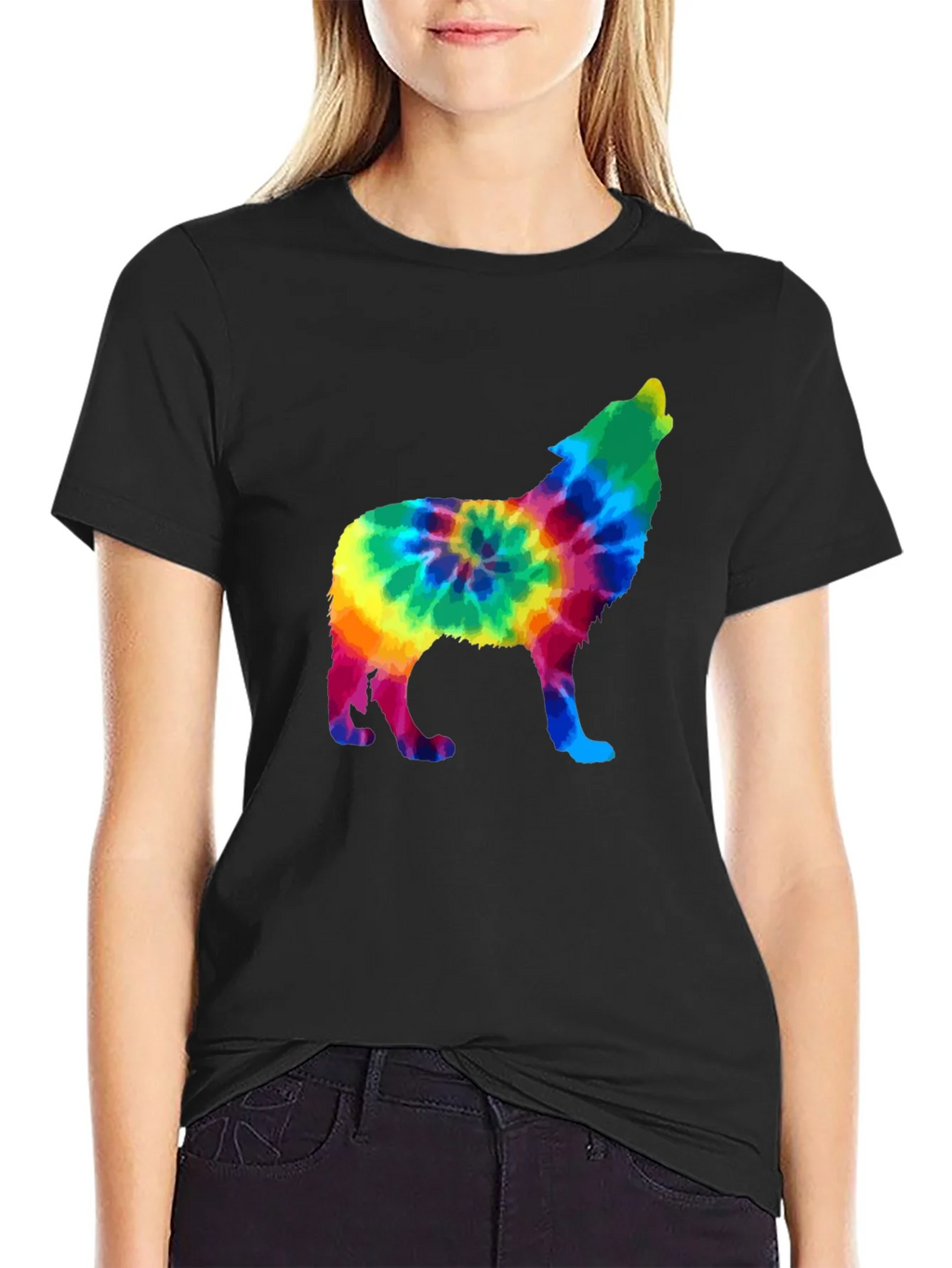 Tie-Dye Wolf Graphic Black T-Shirt