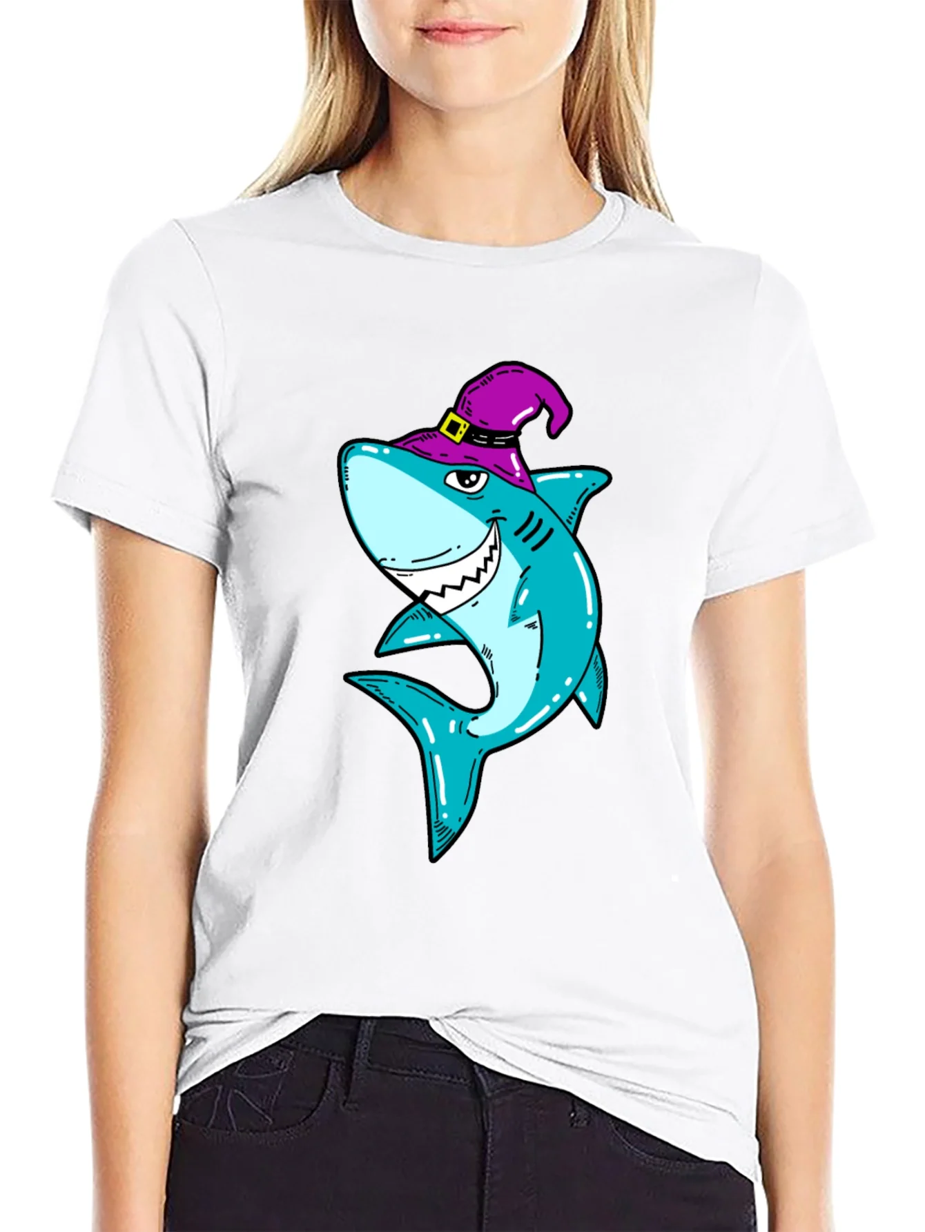 Spooky Shark Halloween T-Shirt - Purple Witch Hat