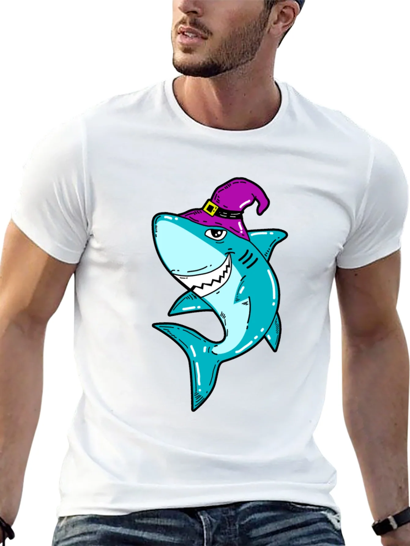 Spooky Shark Halloween T-Shirt - Purple Witch Hat